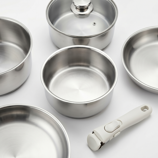 Batterie de cuisine inox – Set 9 pièces avec poignée amovible